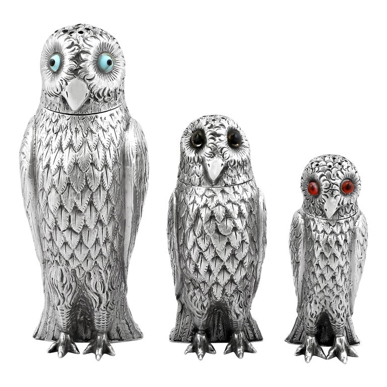 Antique Victorian Sterling Silver Owl Pepperettes For Sale
