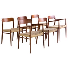 Niels Moller Model 56 & Model 75 Teak & Paper Cord Dining Chairs Set of 6, 1960