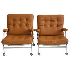 Pair of Bruno Mathsson Brown Leather Karin Lounge Chairs