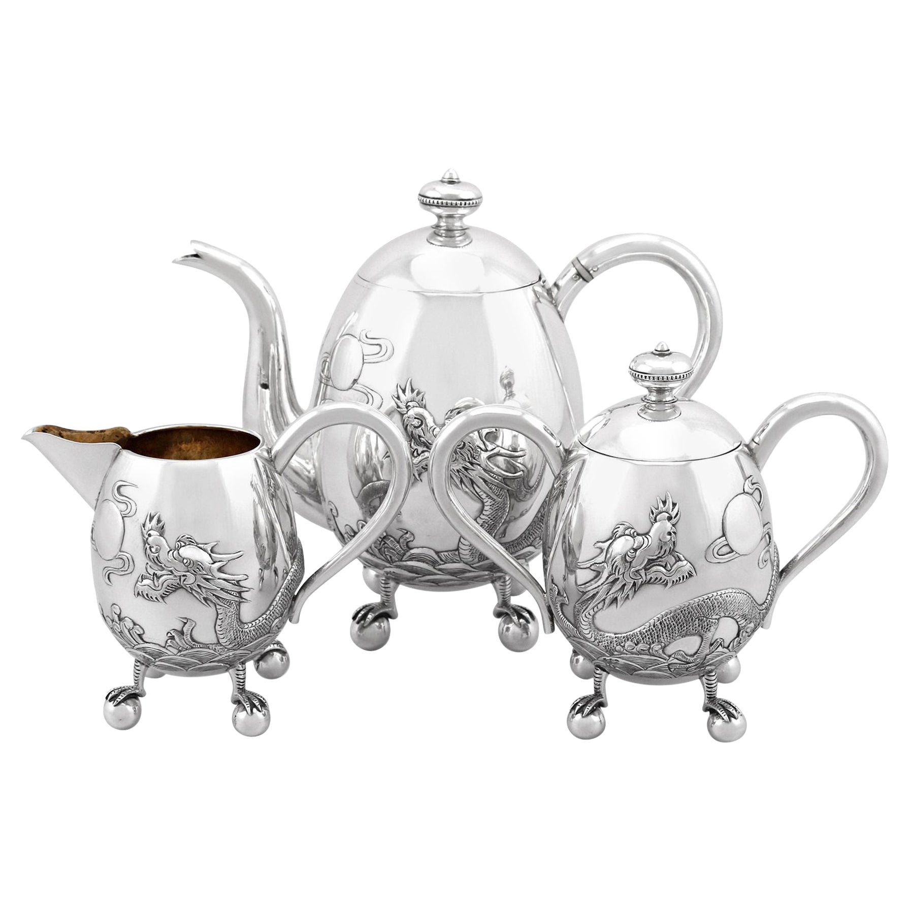 Antikes chinesisches dreiteiliges Teeservice aus Silber für den Export