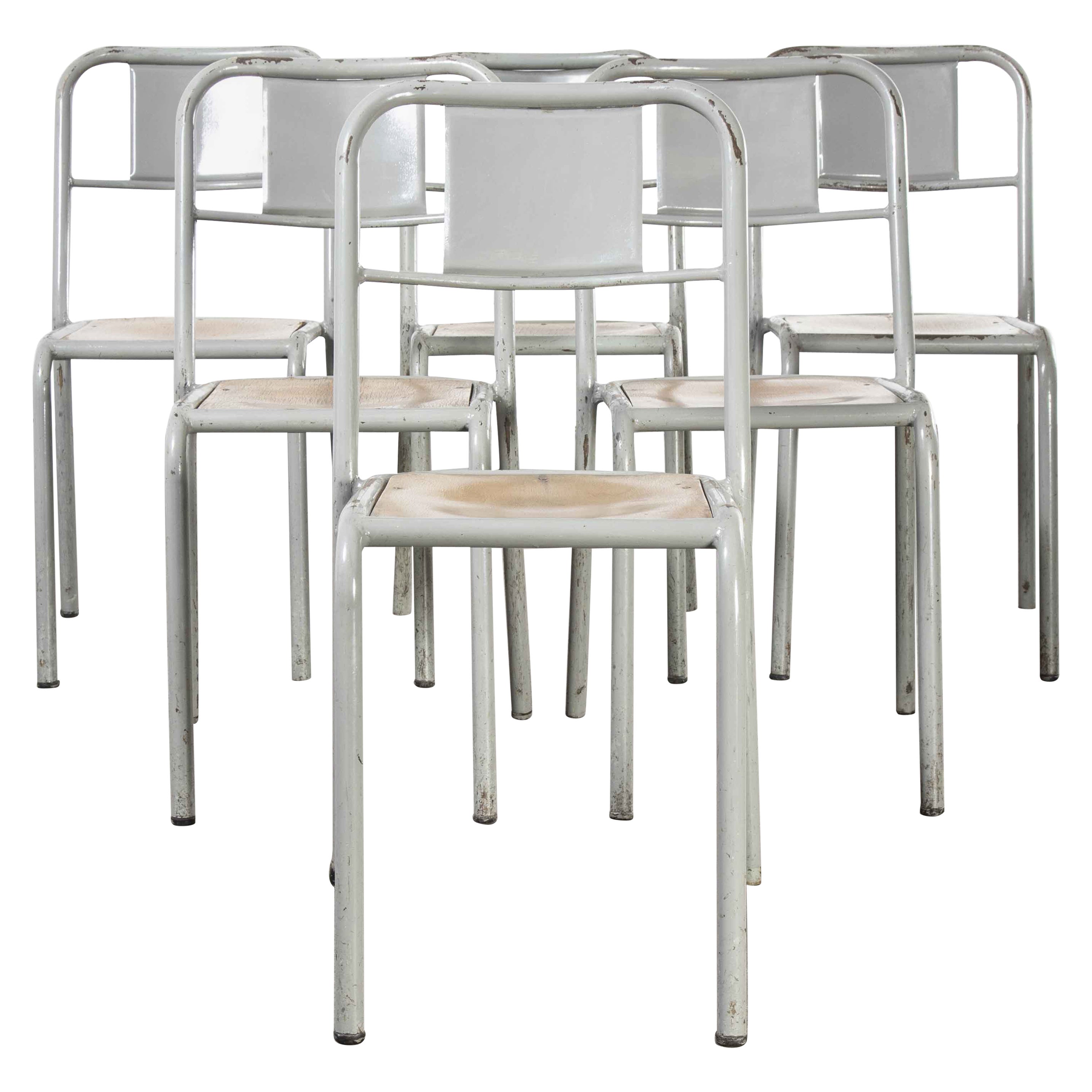 1950's French Mullca Stacking Dining Chairs Grey with Wood Seat, Set of Six For Sale