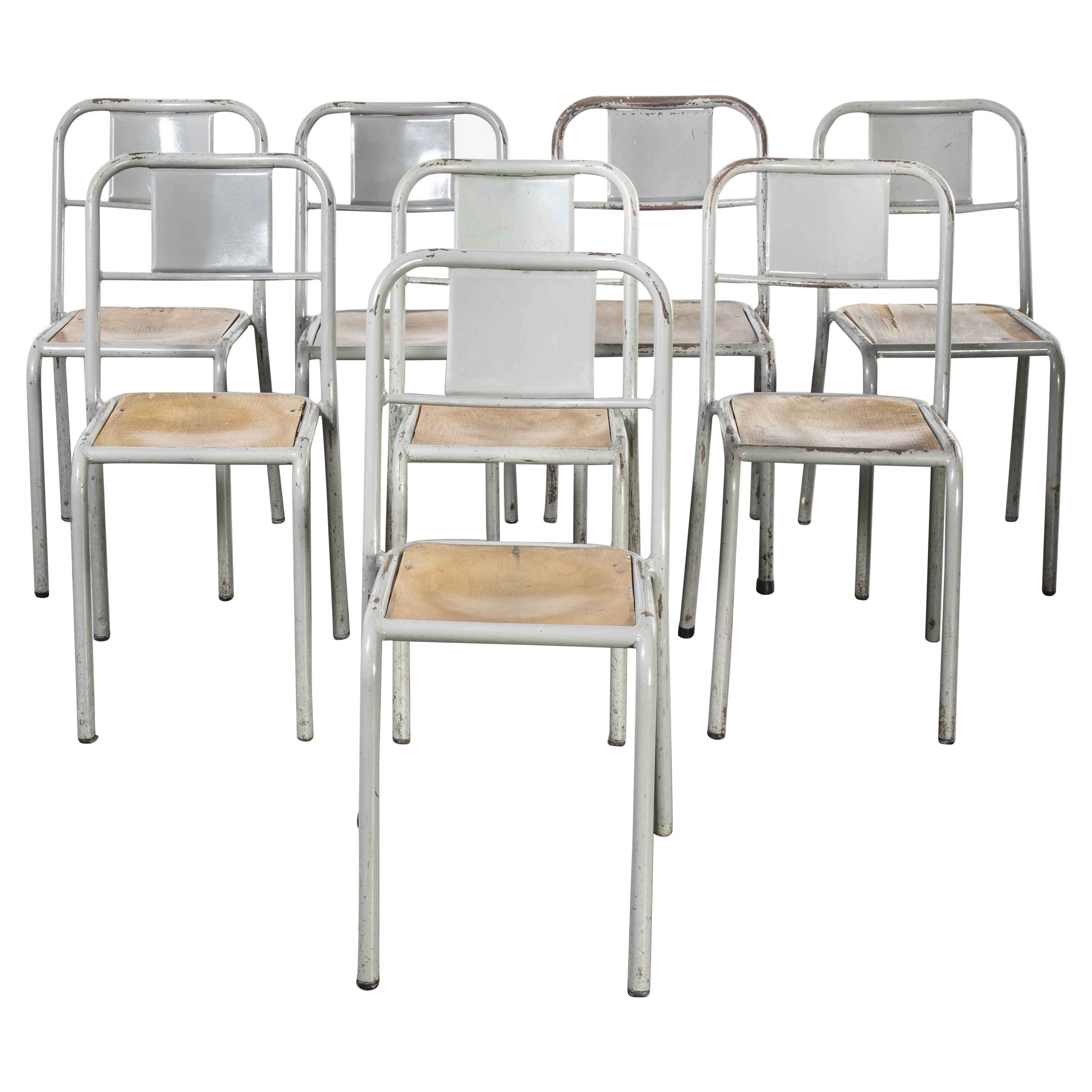 1950er Jahre Französische Mullca Stapel-Esszimmerstühle Grau mit Holzsitz, Satz von acht Stühlen