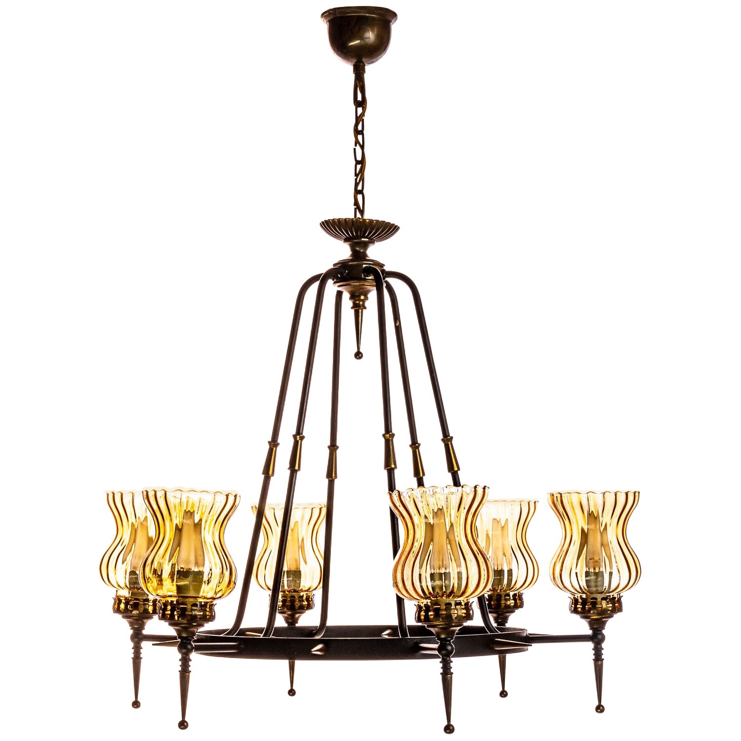 1970's Brass, Glass and Iron Chandelier by Sciolari For Sale