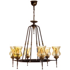 Vintage 1970's Brass, Glass and Iron Chandelier by Sciolari