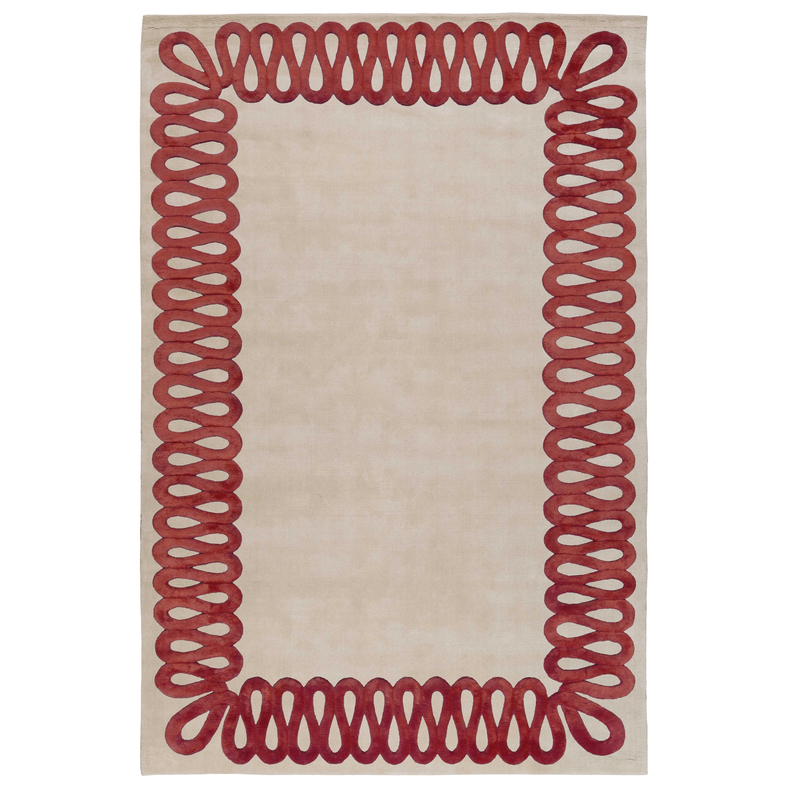 Ruffle Rouge Hand-Knotted 9'x6' Rug in Wool and Silk By Martin Brudnizki