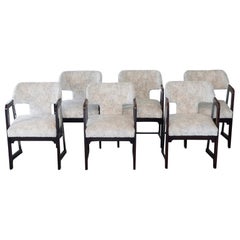 1970's Set of Six Italian Dining Chairs, Wood, Chrome, Black/White Velvet