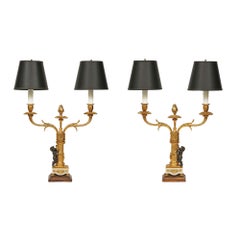 Antique  Pair of French Mid-19th Century Two-Arm Candelabras Mounted into Lamps