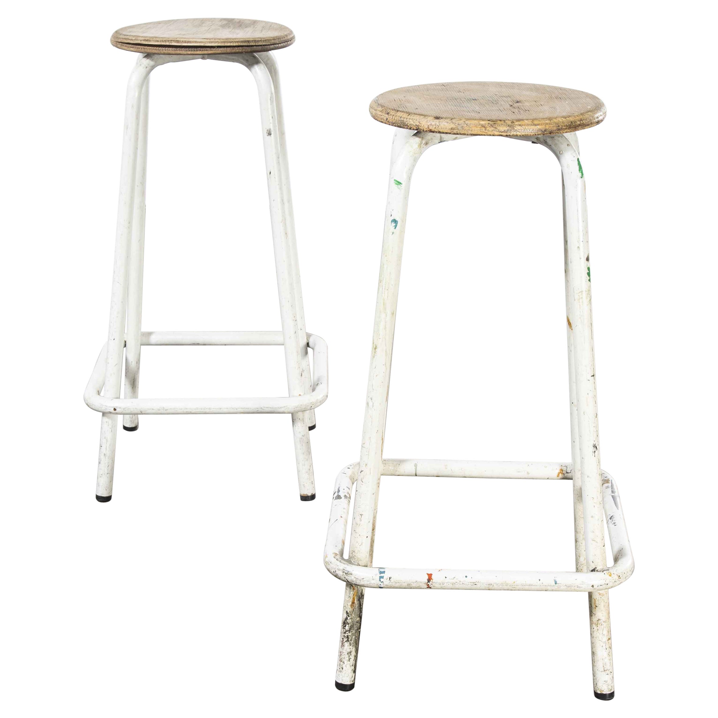 1960's French Tall White Laboratory Stools, Pair For Sale