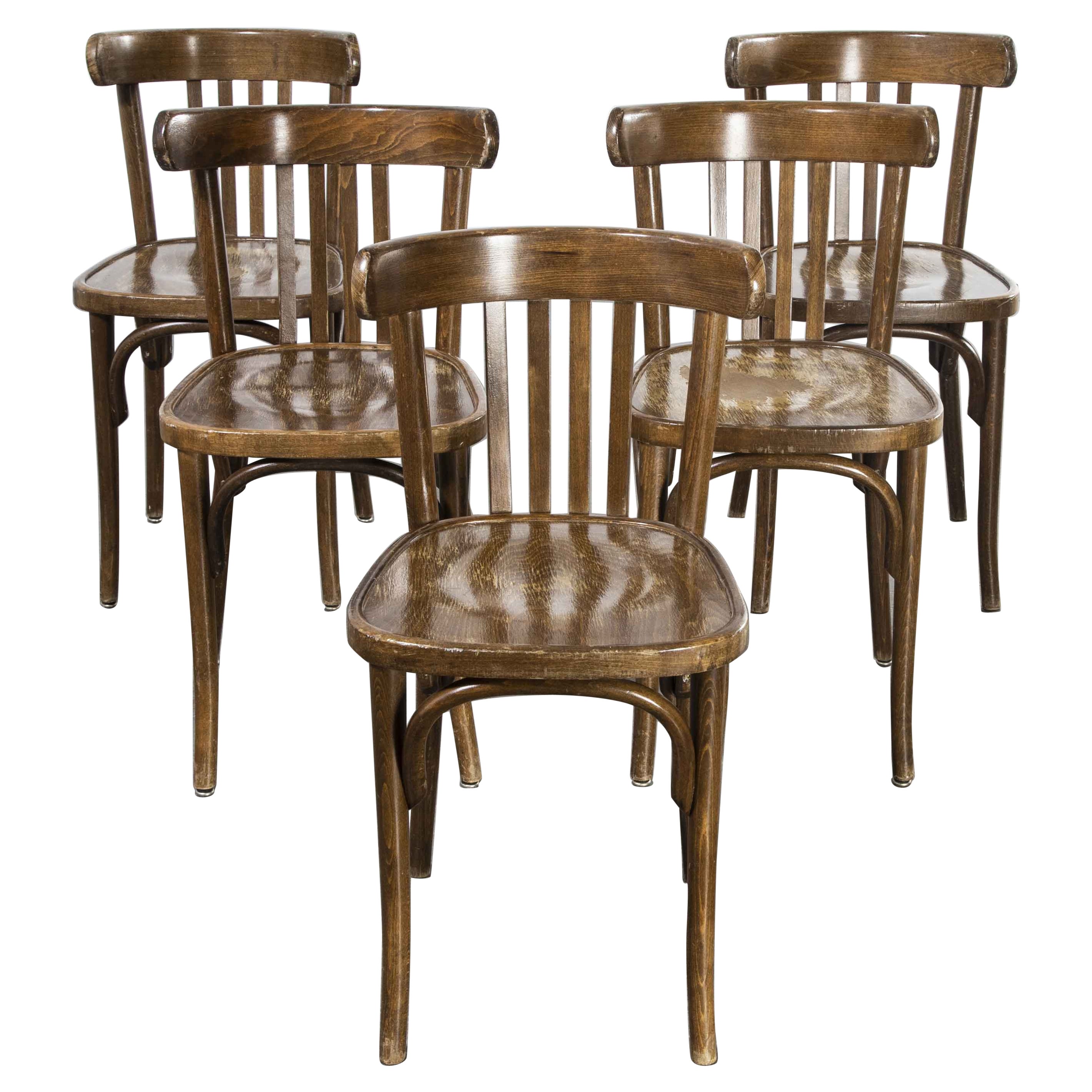 1970's French Dark Oak Bentwood Dining Chairs, Set of Five