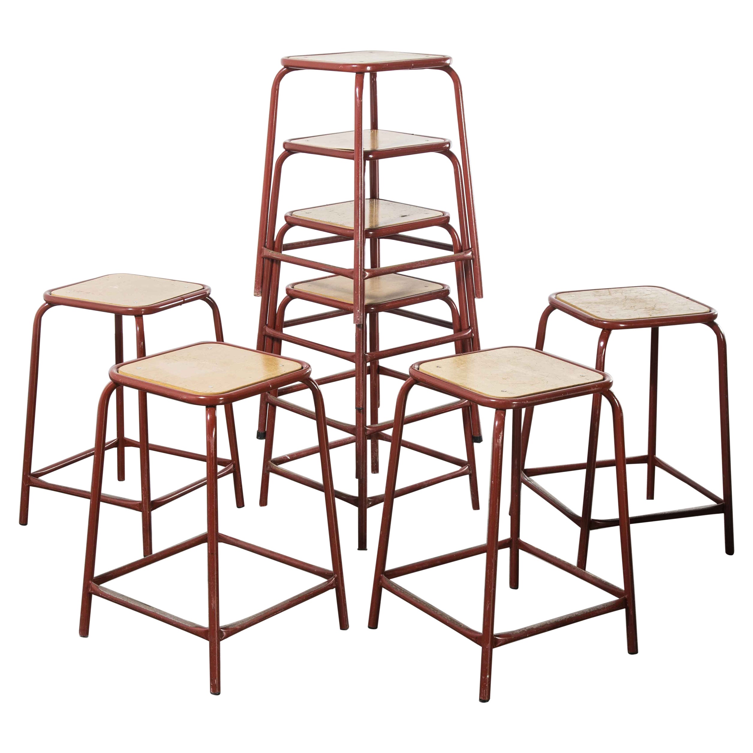 1970's French Dark Red Laboratory Stools, Set of Eight For Sale