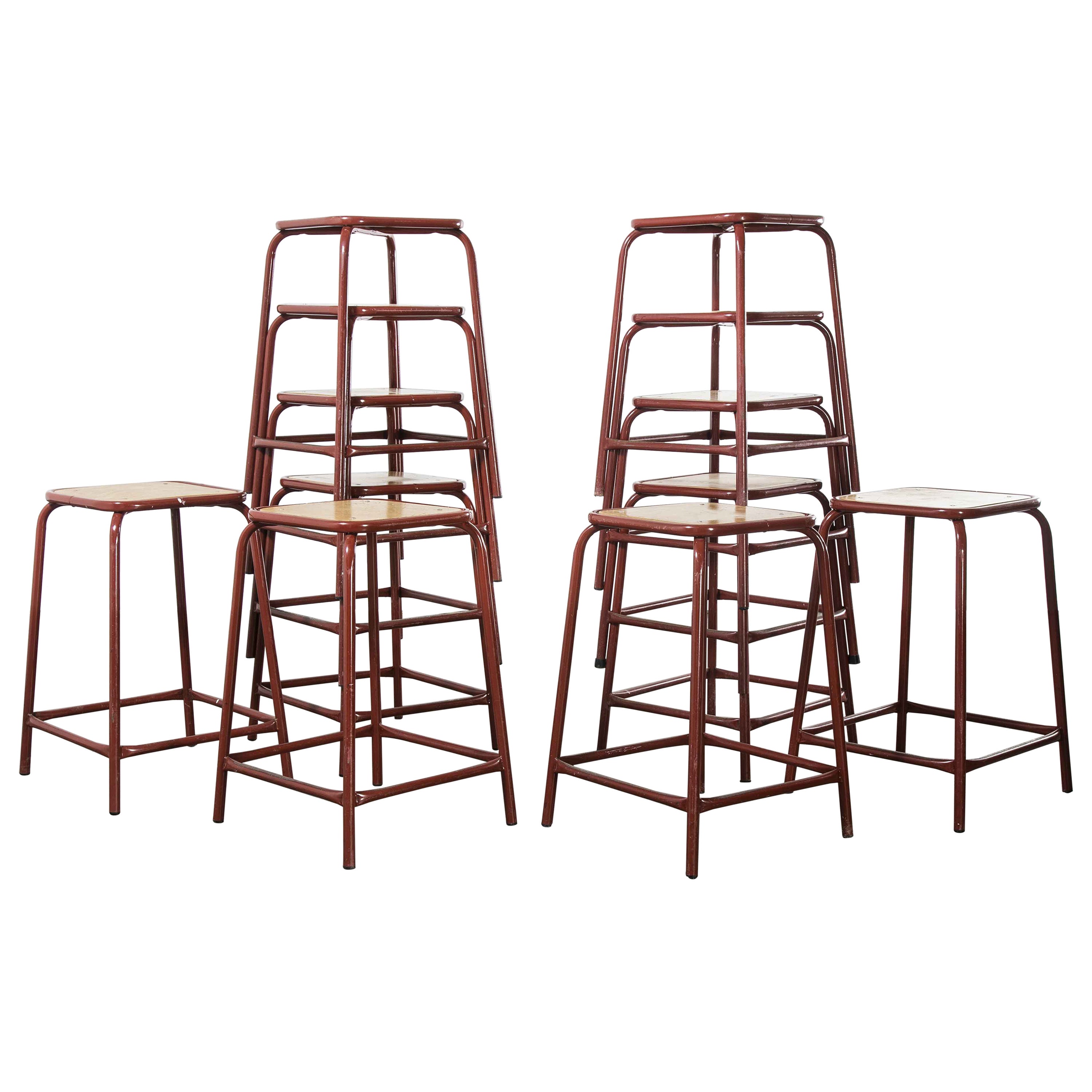 1970's French Dark Red Laboratory Stools, Set of Twelve For Sale