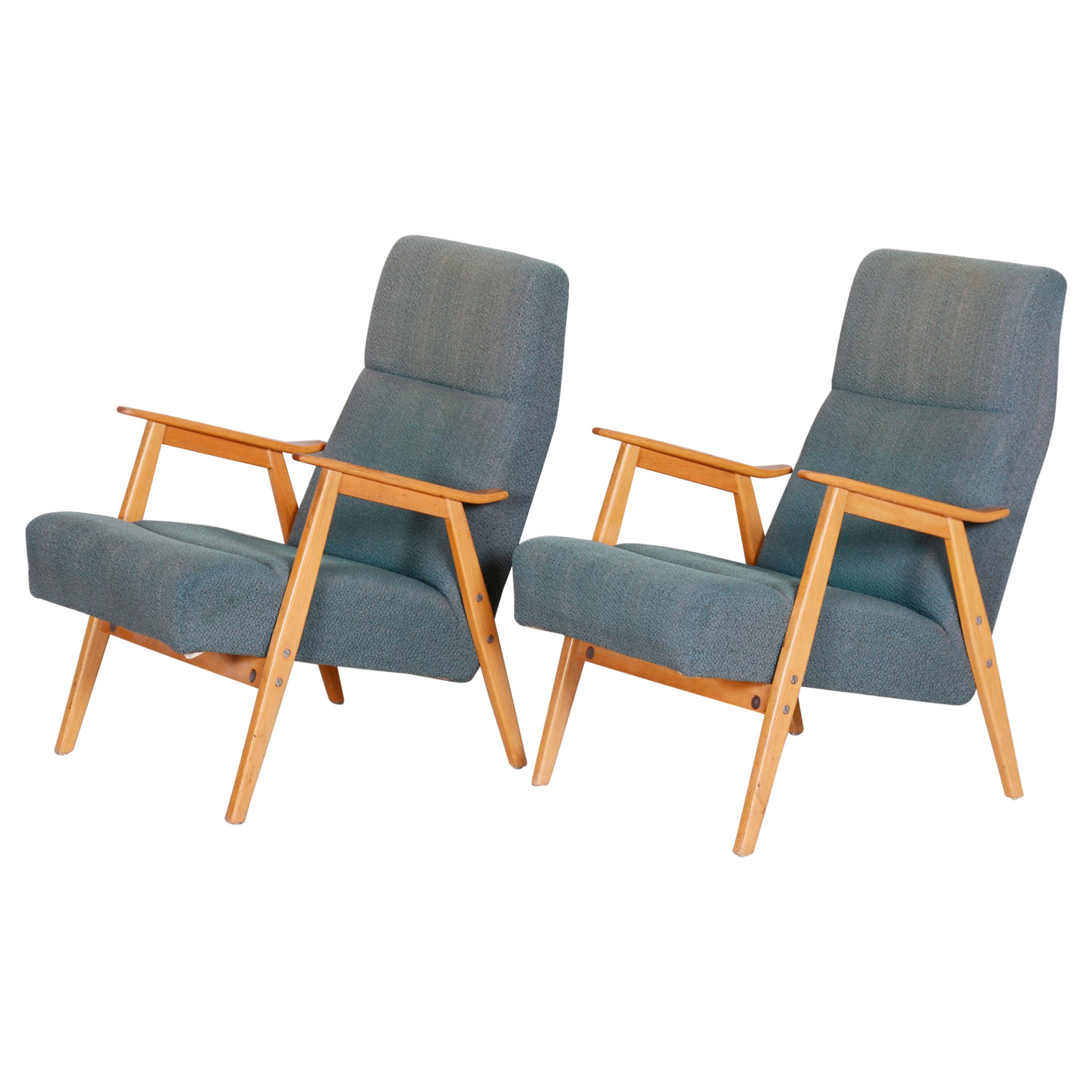 Blue Czech Beech Armchairs 1960s, Original Well Preserved Condition