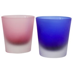 Signed Cenedese Frosted Glass Scavo His and Her's Pink & Blue Colored Glasses