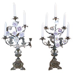 19th Century French Bronze 5-Arm Candelabra w/ Porcelain Flowers