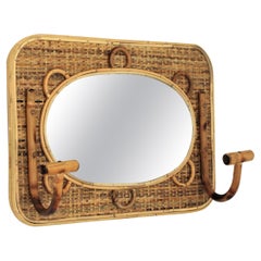 Porte-manteaux muraux en bambou et rotin avec miroir, Espagne, années 1960