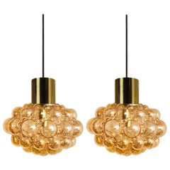Pair of Amber Bubble Glass Pendant Lamps by Helena Tynell, 1960