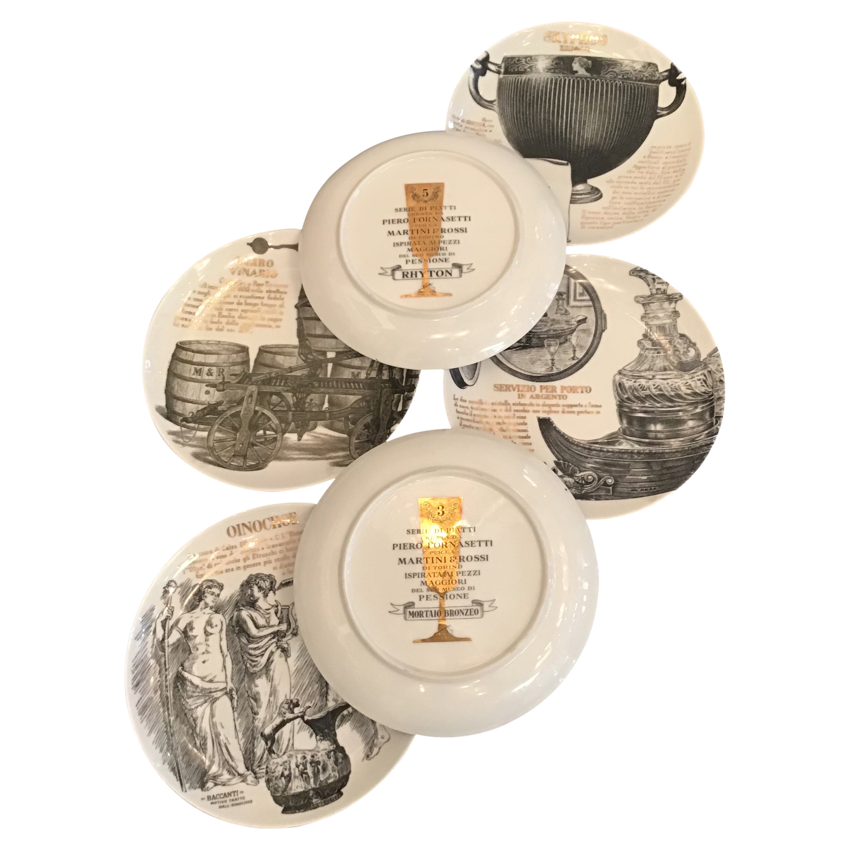 Fornasetti Set of 6 Plates for Martini and Rossi Porcelain, 1970, Italy For Sale