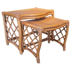 Set of Two 1980s Spanish Hand Woven Bamboo Nesting Tables
