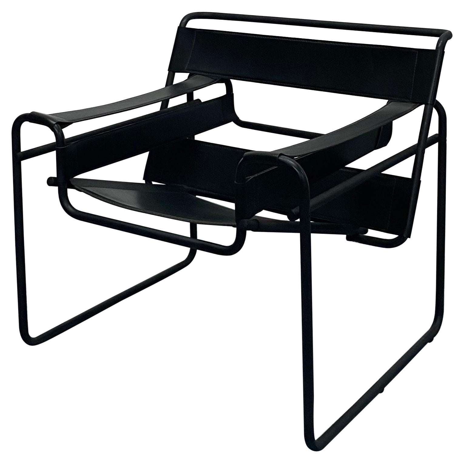 Chaise « Wassily » de style Marcel Breuer en cuir noir et cadre noir mat en vente