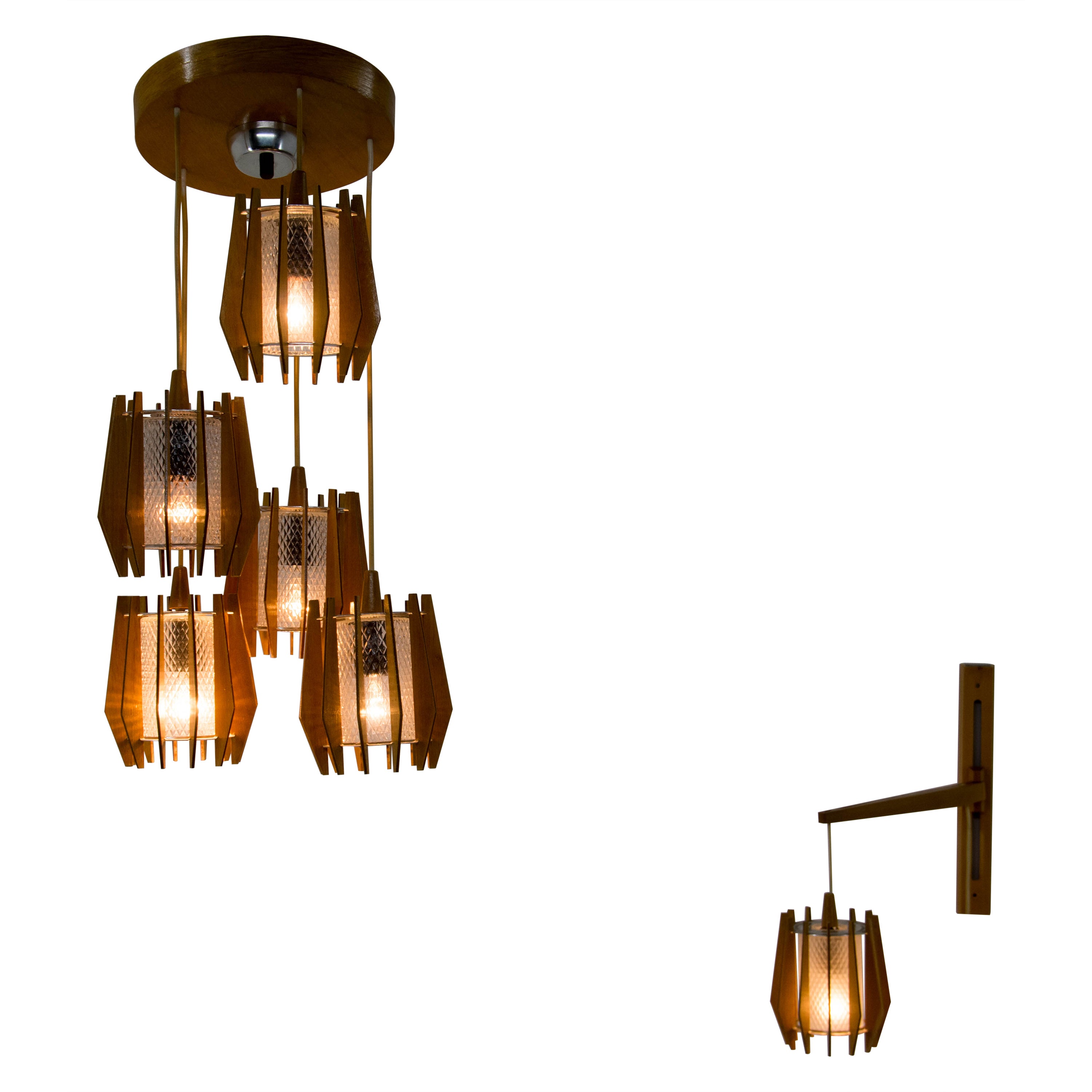 Set of Chandelier and Wall Lamp by Drevo Humpolec, 1970 For Sale