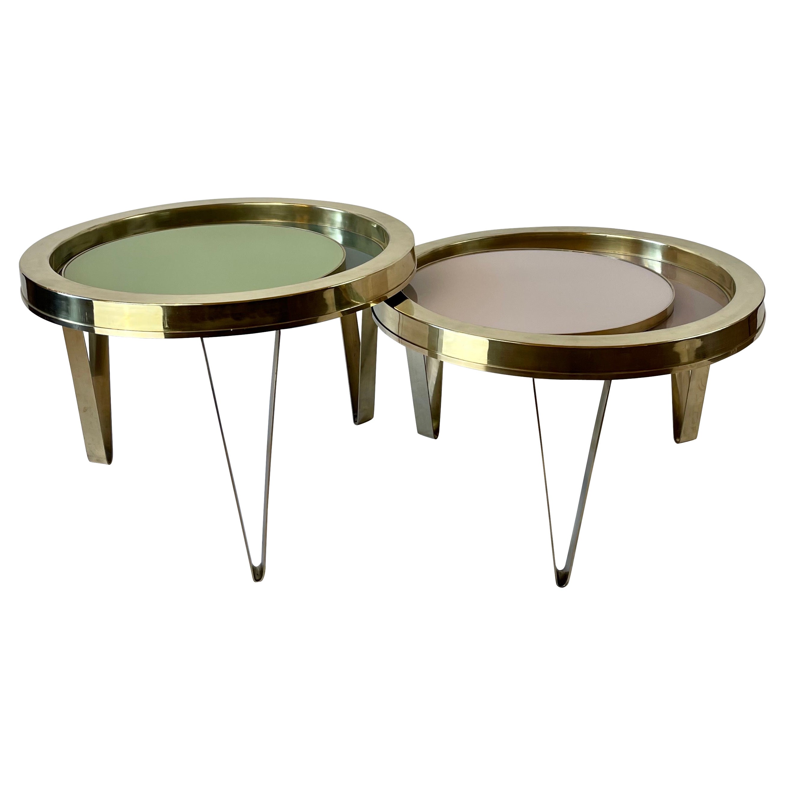 Late 20th Century Set of Two Round Brass Coffee Tables w/ Opaline Glass Tops For Sale