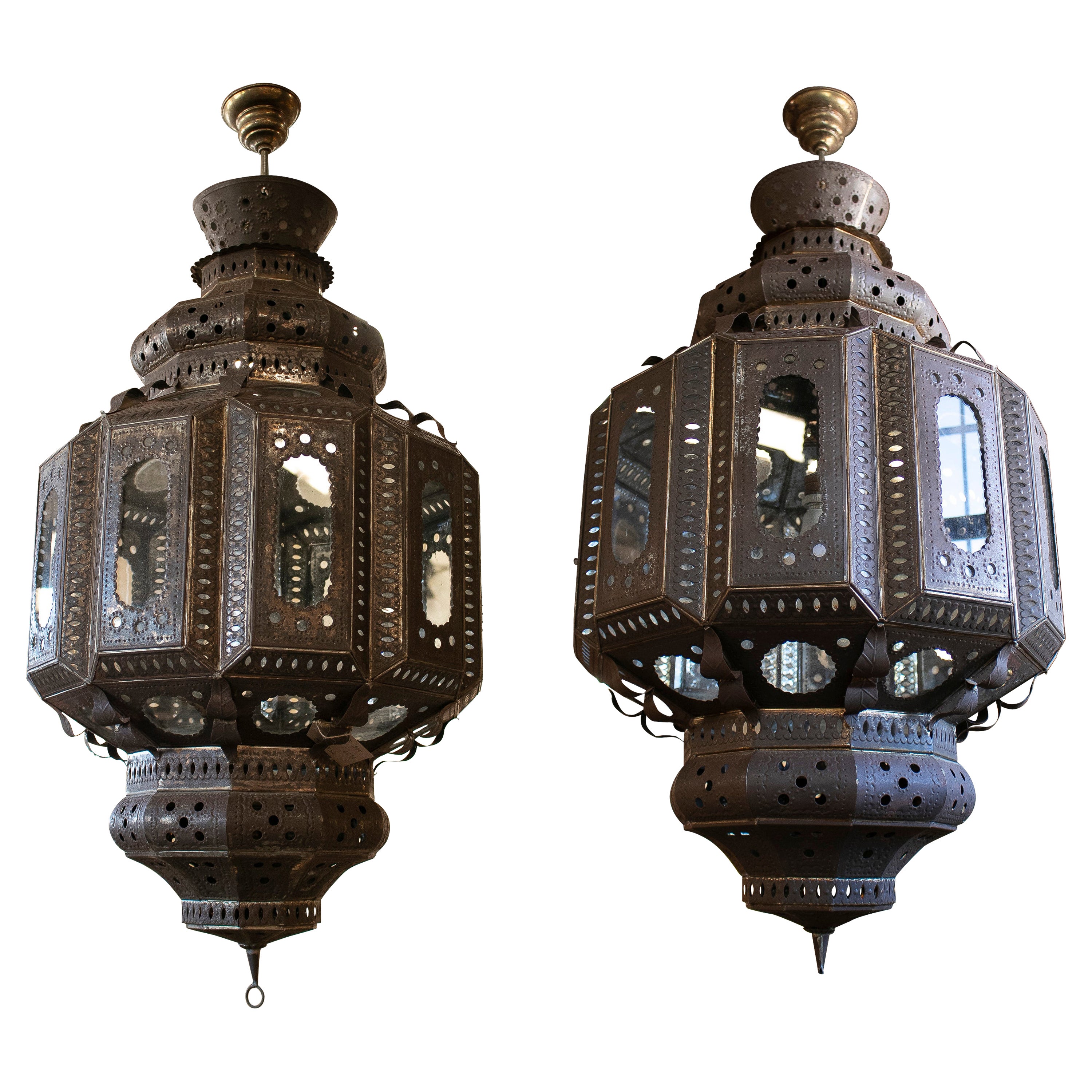 Pair of 1990s Spanish Handmade Iron Ceiling Hanging Lamp Lanterns