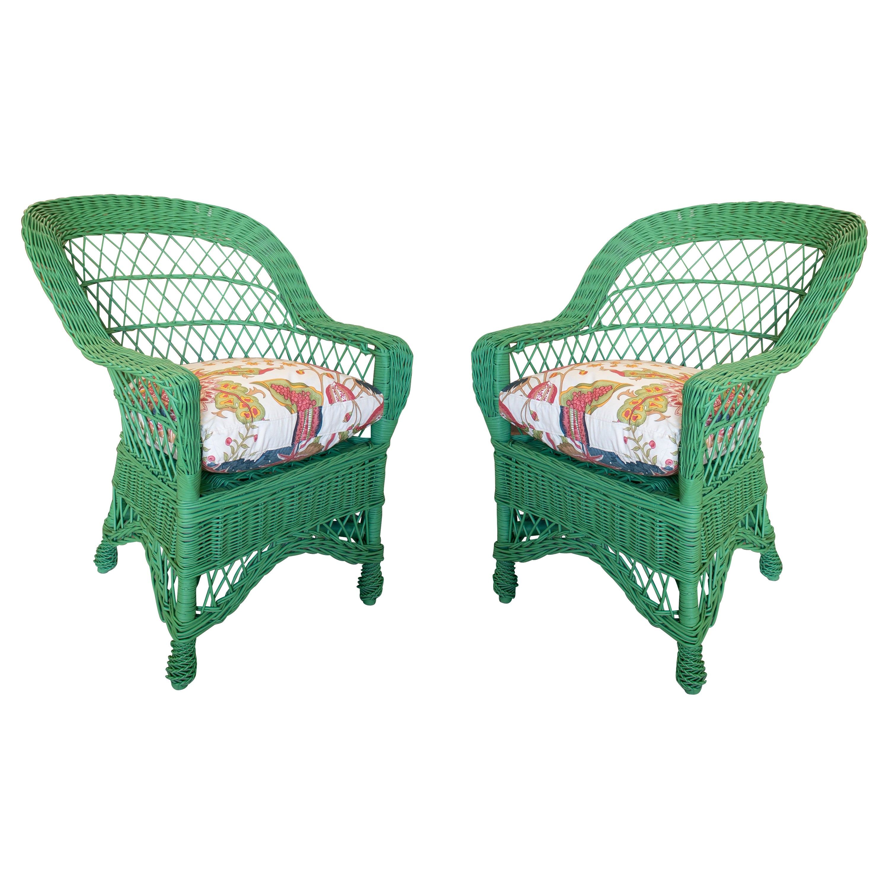 Pair of 1970s Spanish Reupholstered Hand Woven Wicker Green Sofa Chairs