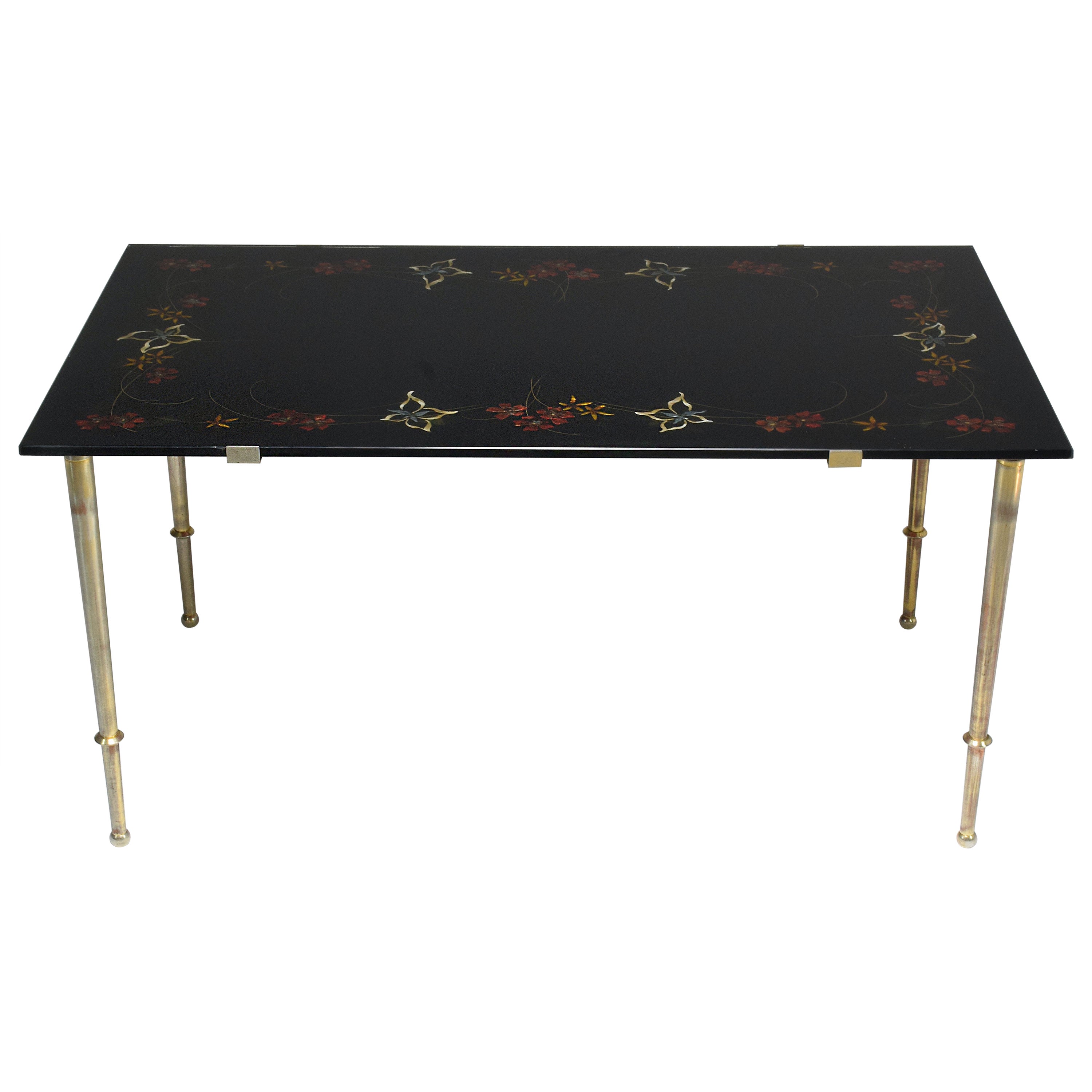 1970's French Floral Glass Hand-Painted Coffee Table
