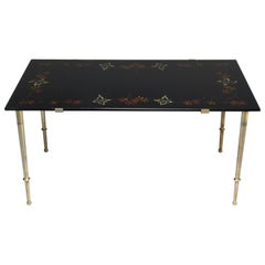 Vintage 1970's French Floral Glass Hand-Painted Coffee Table