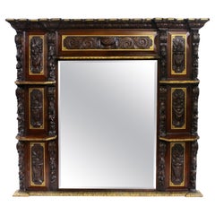 Antique Impressive Mid 19th C. Carved Oak Overmantle Mirror