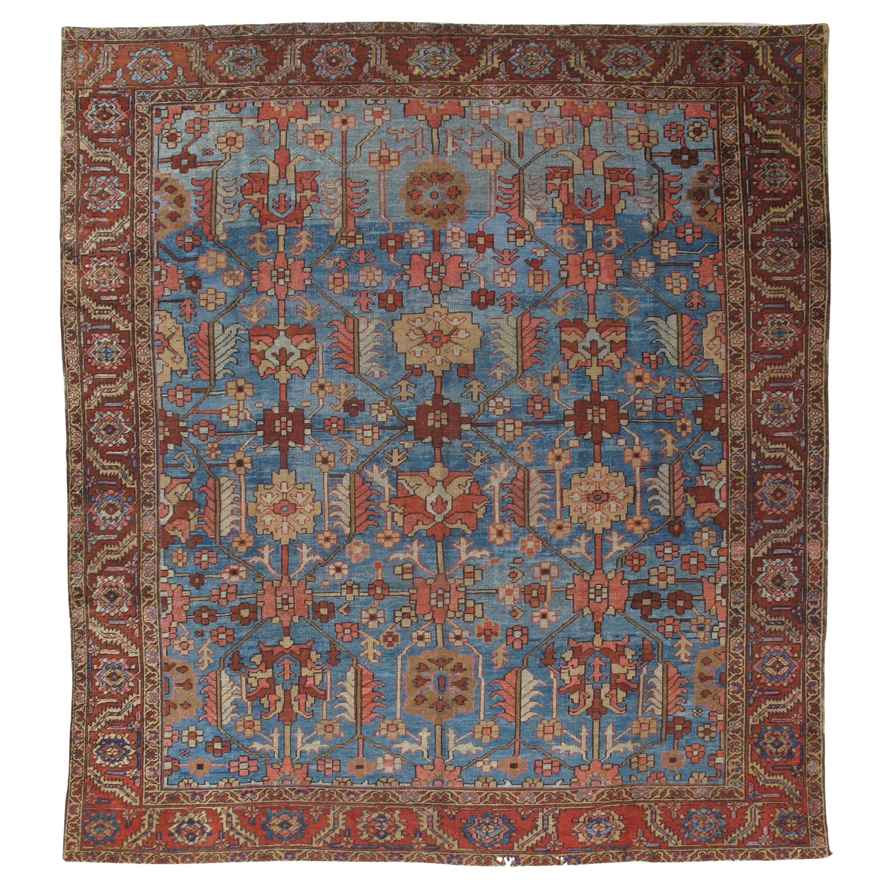 Antique Persian Serapi Carpet, Handmade Wool Oriental Rug, Rust and Light Blue