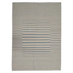 Modern Striped Kilim Rug Handmade Carpet Blue Cream Wool Flat Area Rug