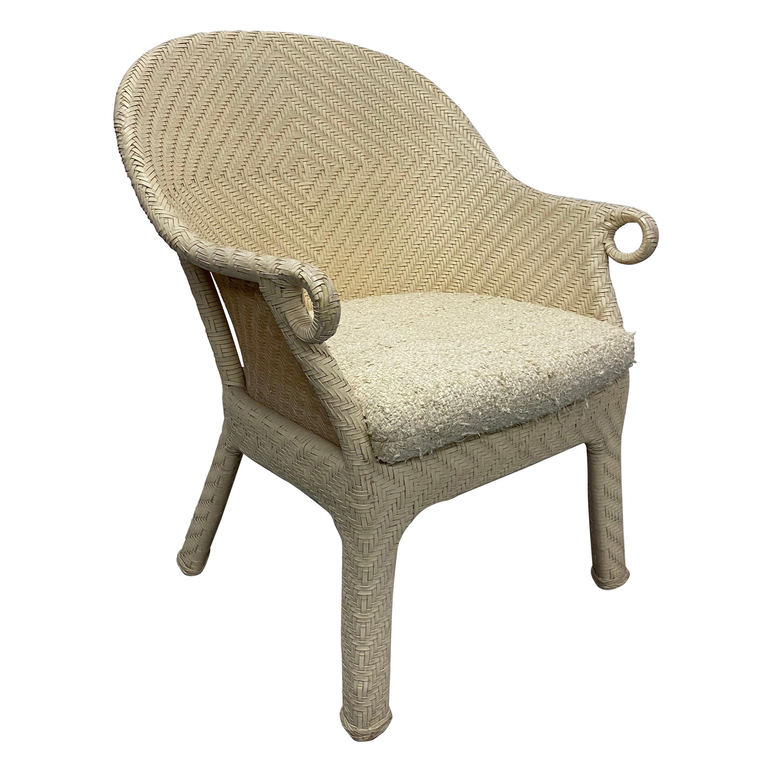Cream Woven Leather Arm Chair with Original Boucle Cushioned Seat For Sale