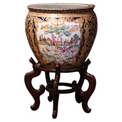 Mid-Century Chinese Painted and Gilt Porcelain Fish Bowl on Wood Stand