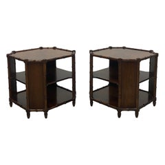 Pair of Henredon Faux Bamboo and Stained Wood Side Tables with Shelves, 1970s