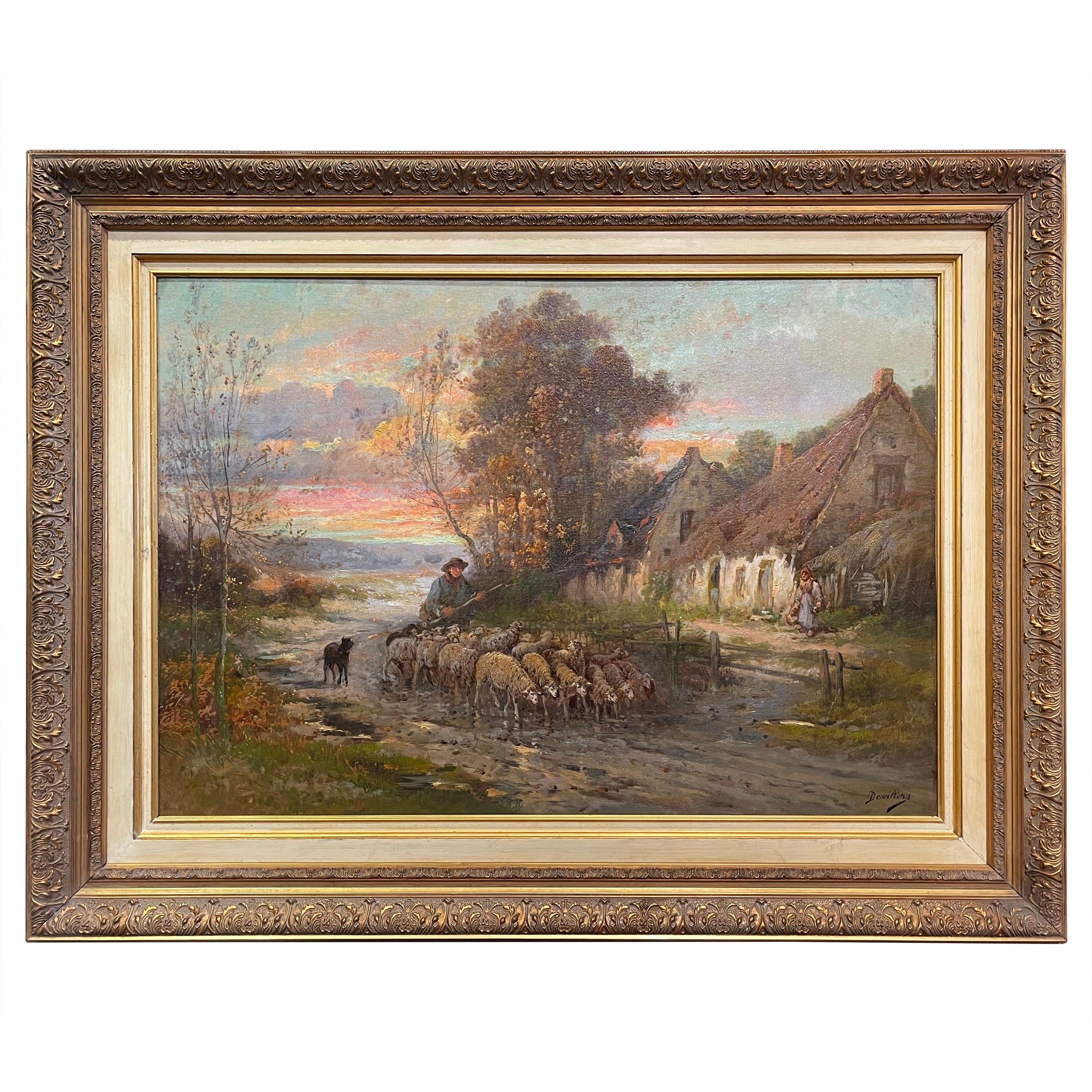 19th Century French Sheep Oil Painting in Carved Gilt Frame Signed Devillers For Sale