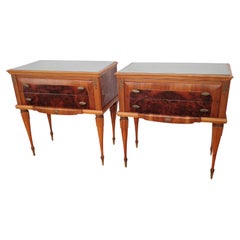 Antique Pair of Italian Midcentury Art Deco Nightstands Bedside Tables Walnut Glass Top