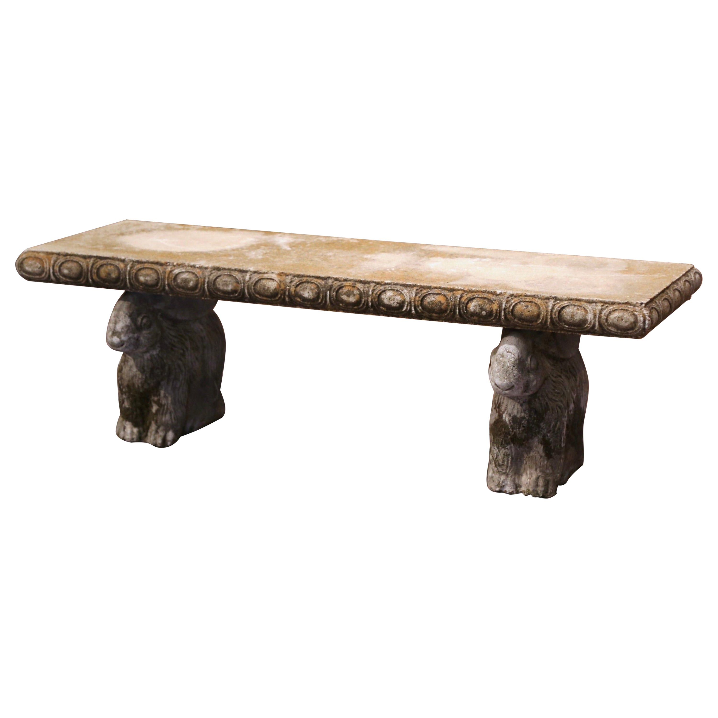 Mid-Century French Weathered Concrete Garden Bench with Carved Rabbit Figures