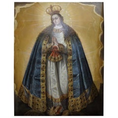 Antique 17th Century Spanish Oil on Canvas, Religious "Mary Inmaculate"