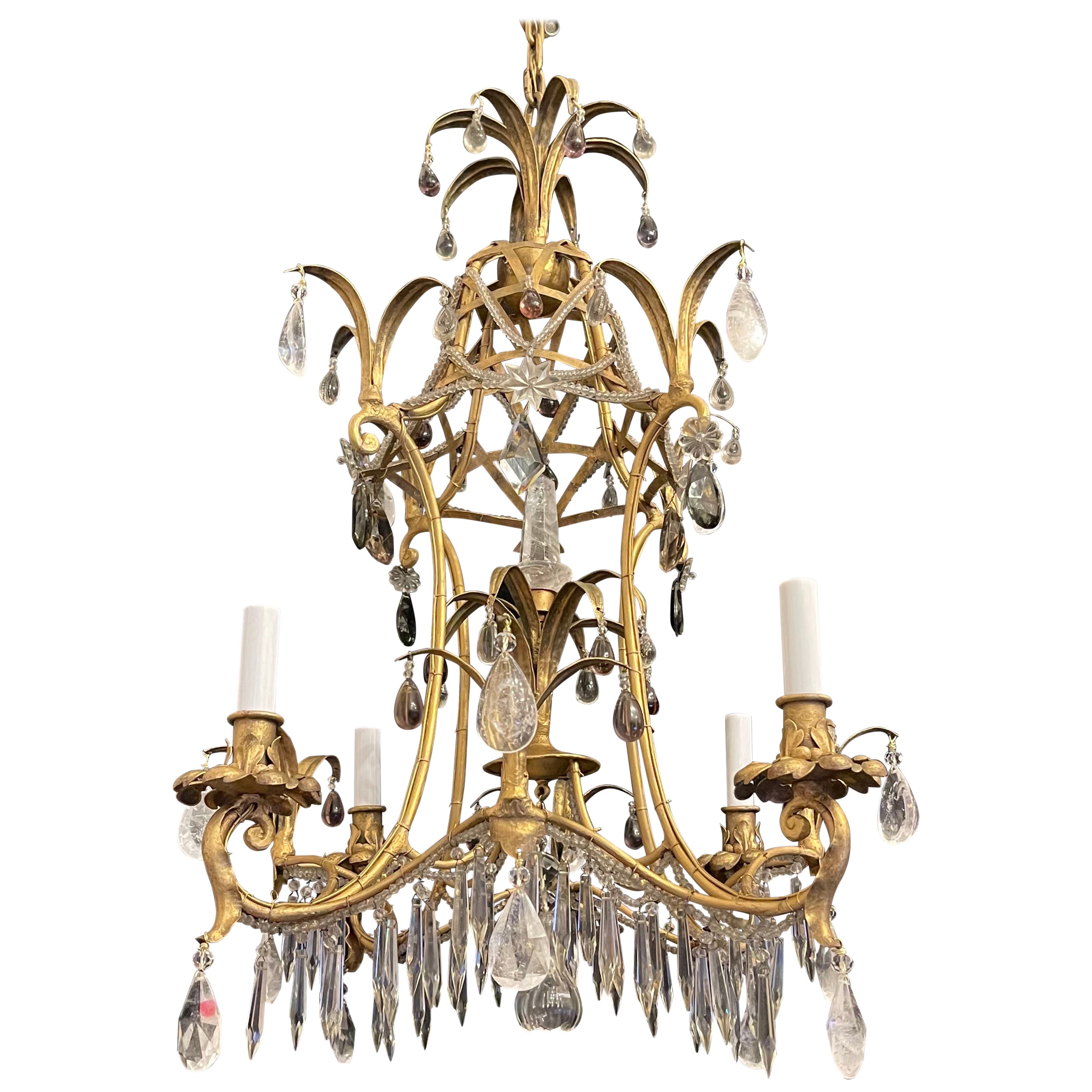 Wonderful Maison Bagues Gilt Rock Crystal Amethyst Pagoda Chandelier Fixture