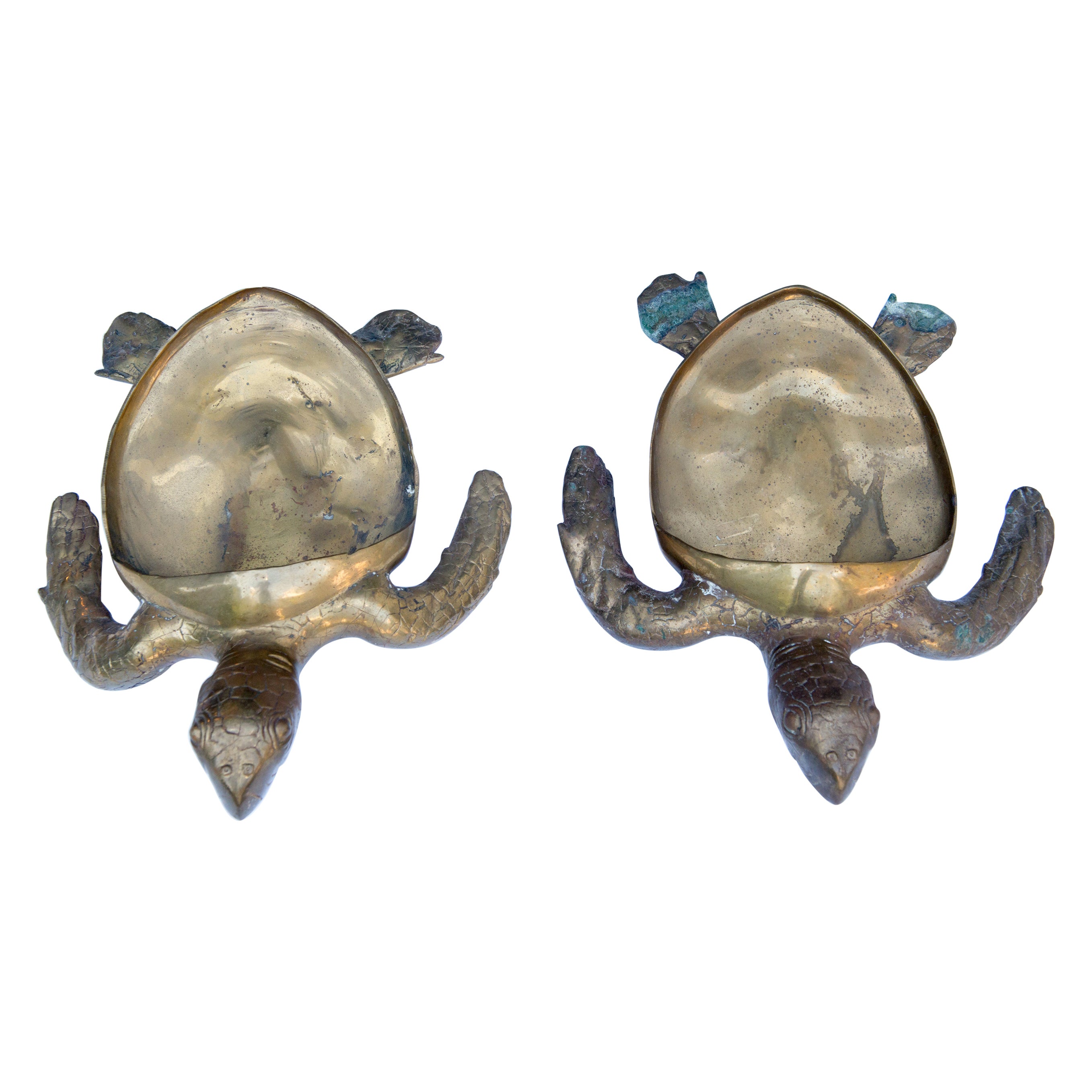 Pareja de grandes jardineras o platos de latón en forma de tortuga