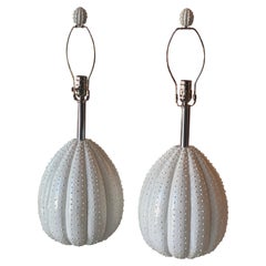 Vintage Pair of White Sea Urchin Style Palm Beach Table Lamps Newly Restored