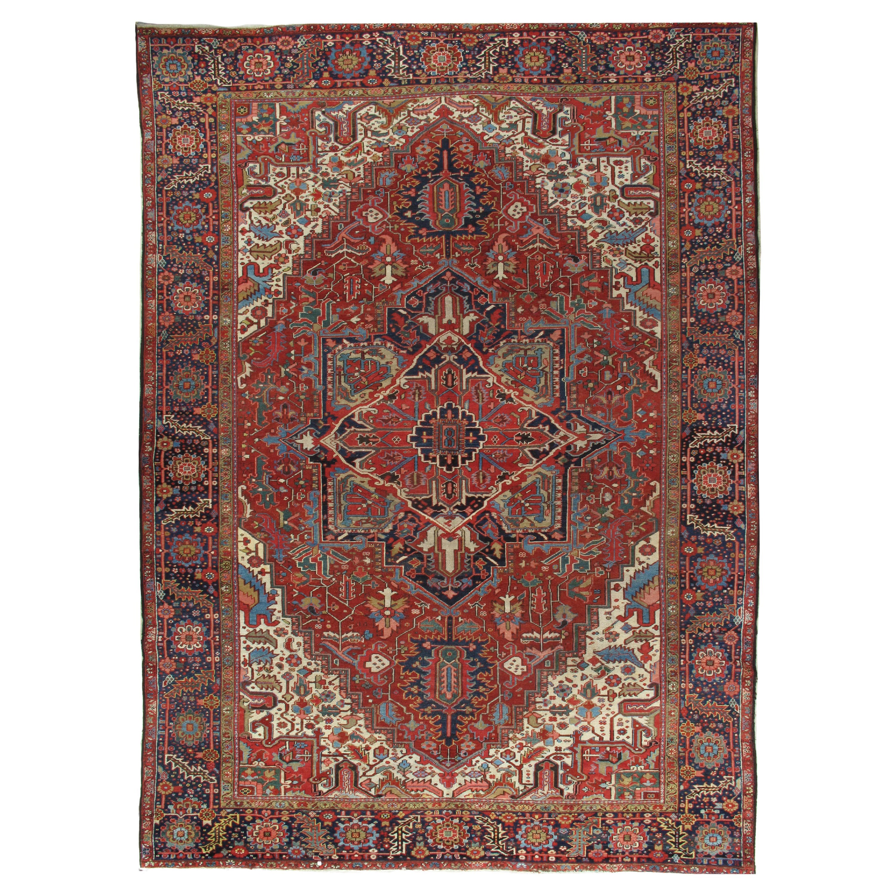 Antique Persian Heriz Carpet, Handmade Wool Oriental Rug, Rust, Navy, Lt Blue For Sale