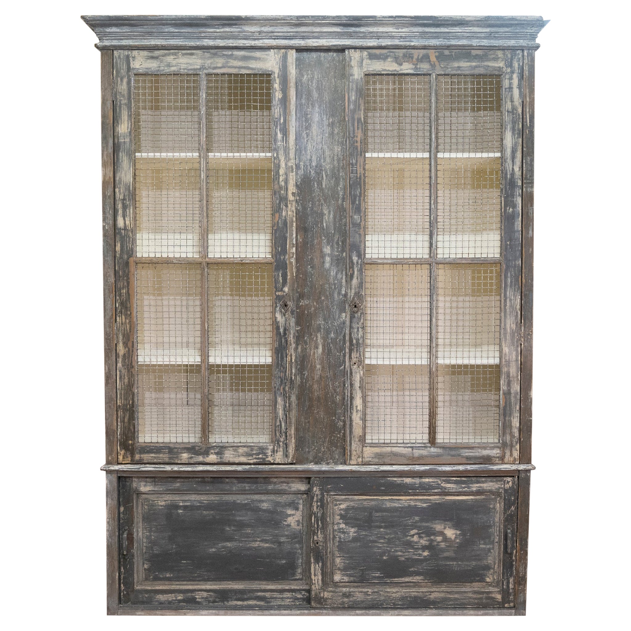 Large Scale 19th Century Painted Housekeepers Cupboard, Mesh Doors