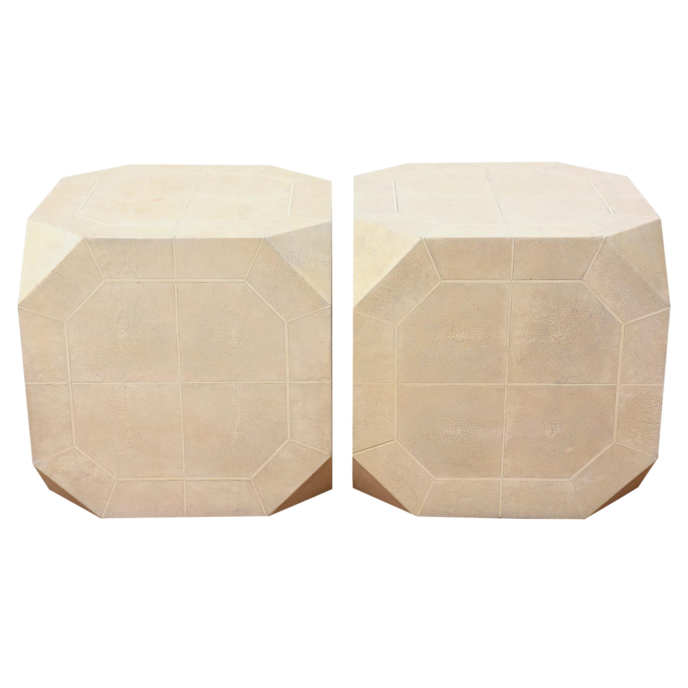 Ron Seff Cream and Off White Shagreen and Bone Inlaid Rare Side Tables Pair For Sale