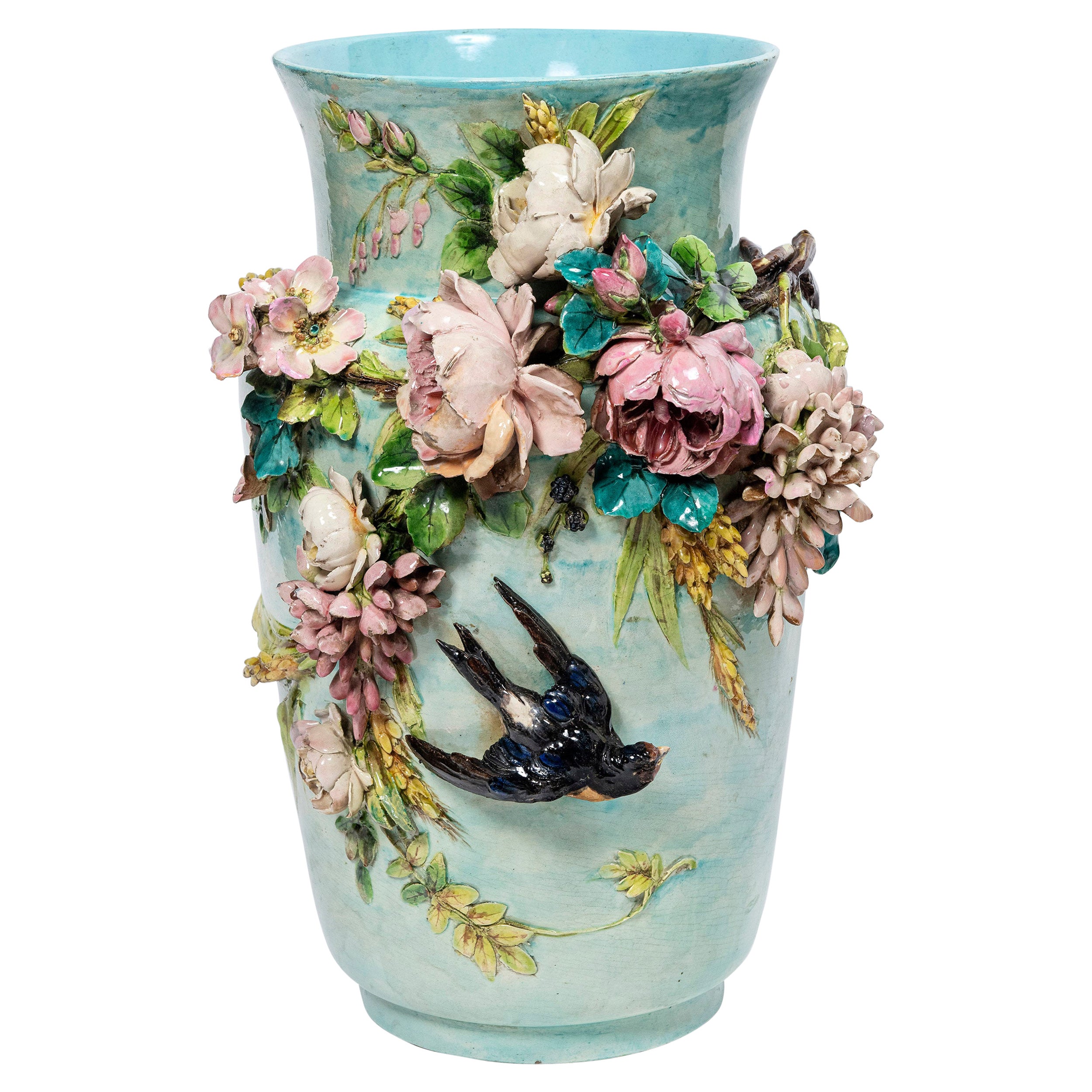 Glazed Ceramic Barbotine Vase with Flowers and Bird, France, circa 1890.