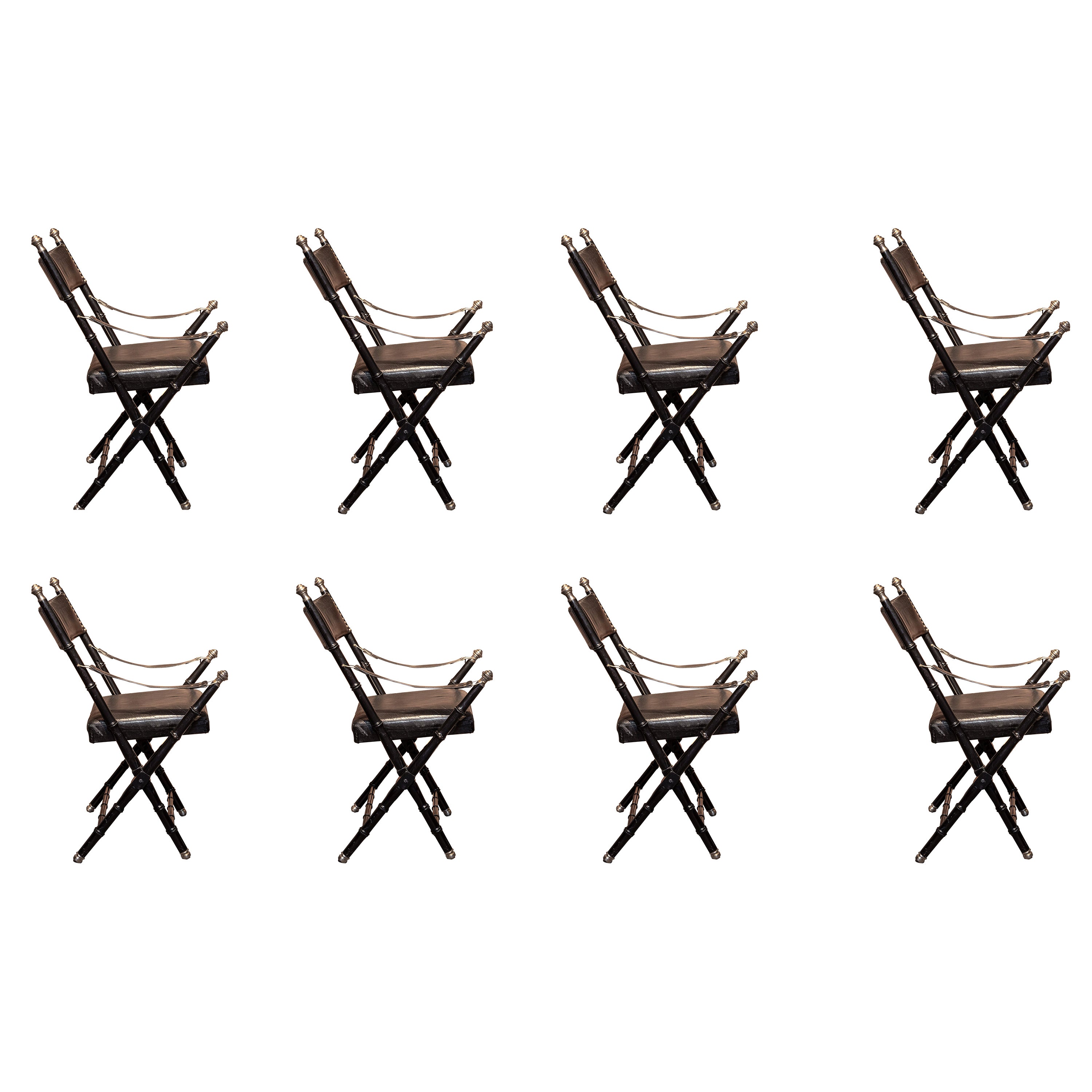Set of Eight 20th Century Black Leather Side Chairs by Maison Jansen