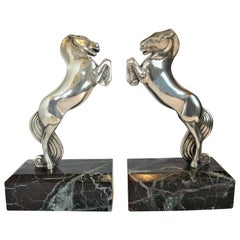 Art Deco Silvered Bronze Horse Bookends by Becquerel, France, 1930