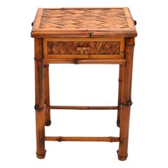 Bohemian Handcrafted Mid-Century Modern Bamboo & Rattan Side Table with Drawer