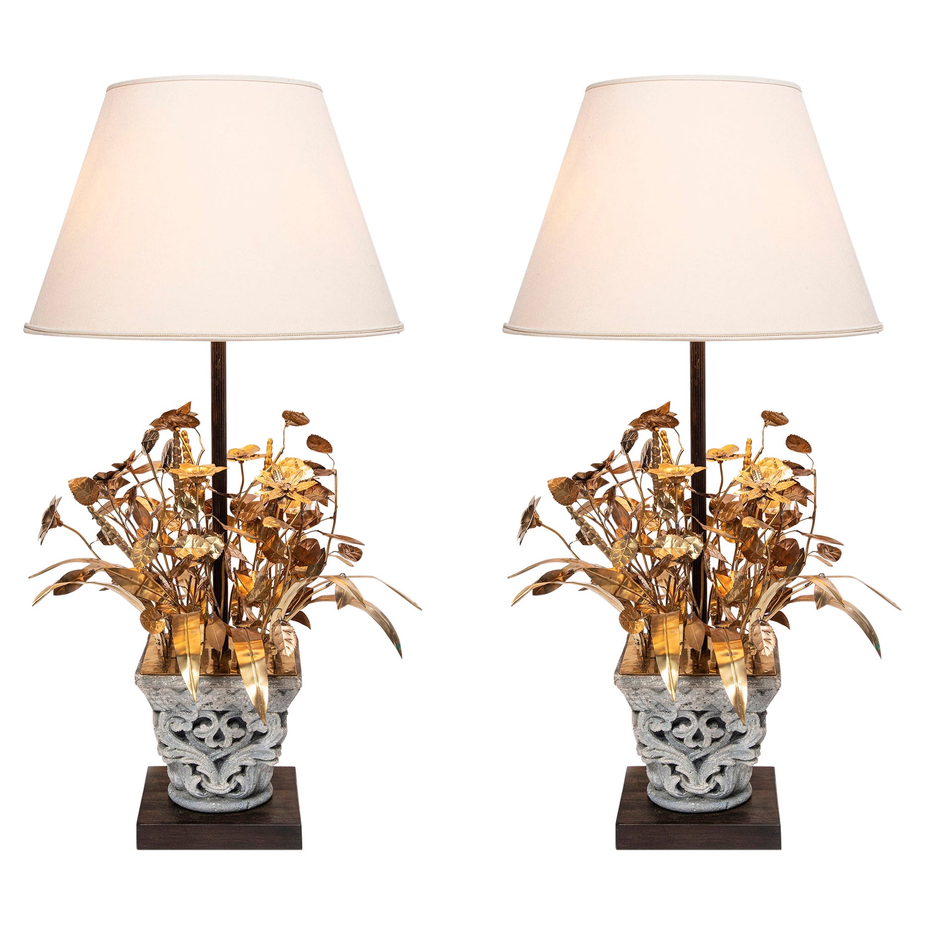 Pair of Bronze and Paris Stone Table Lamps, Attributed to Maison Jansen, C. 1950